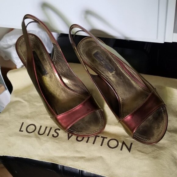 Louis Vuitton Strappy Heels, Multichrome Bronze Red Gold Open Toe Pumps - Picture 5 of 6
